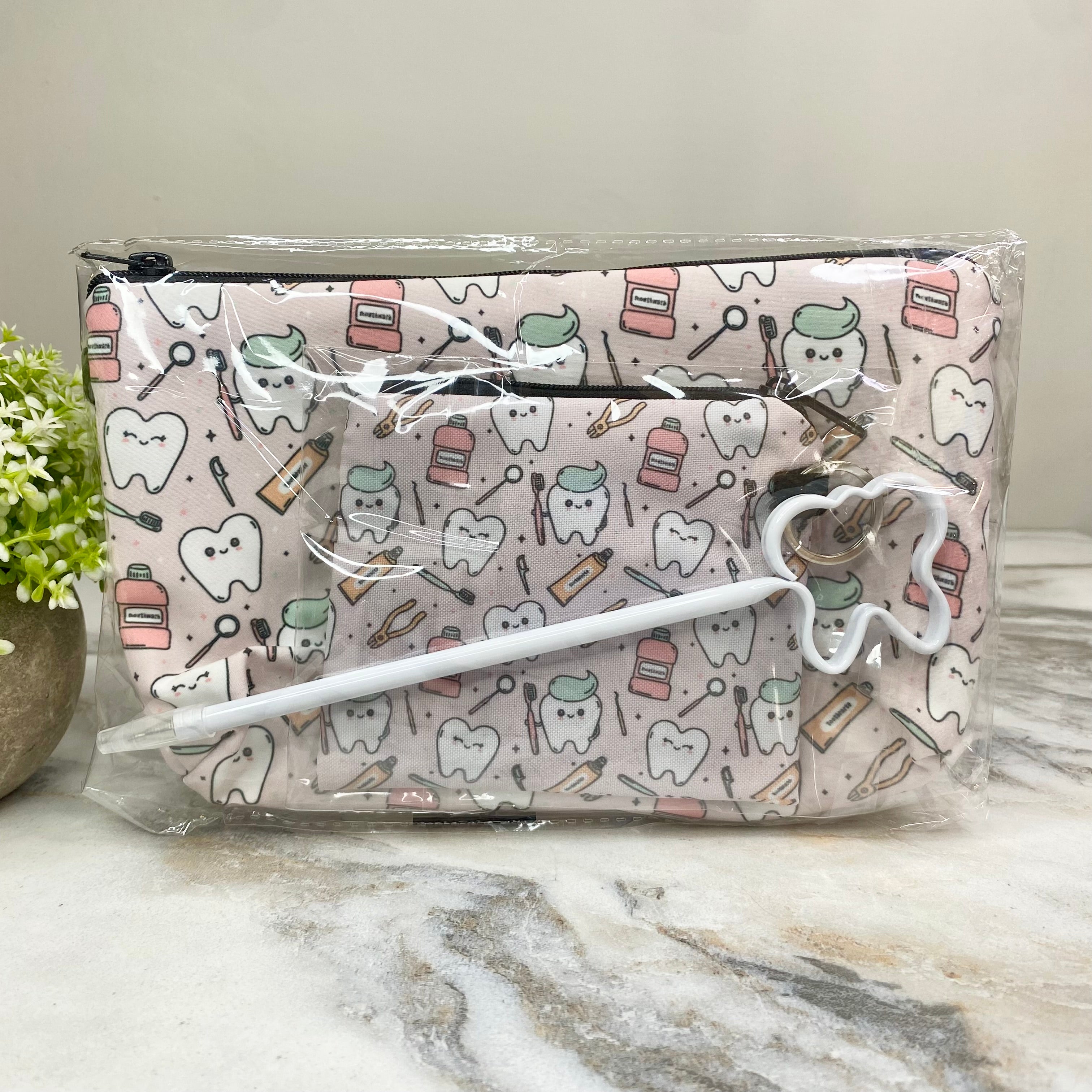 Pouch, Mini Pouch, & Pen Bundled Set - Tooth Dental Hygiene on Pink