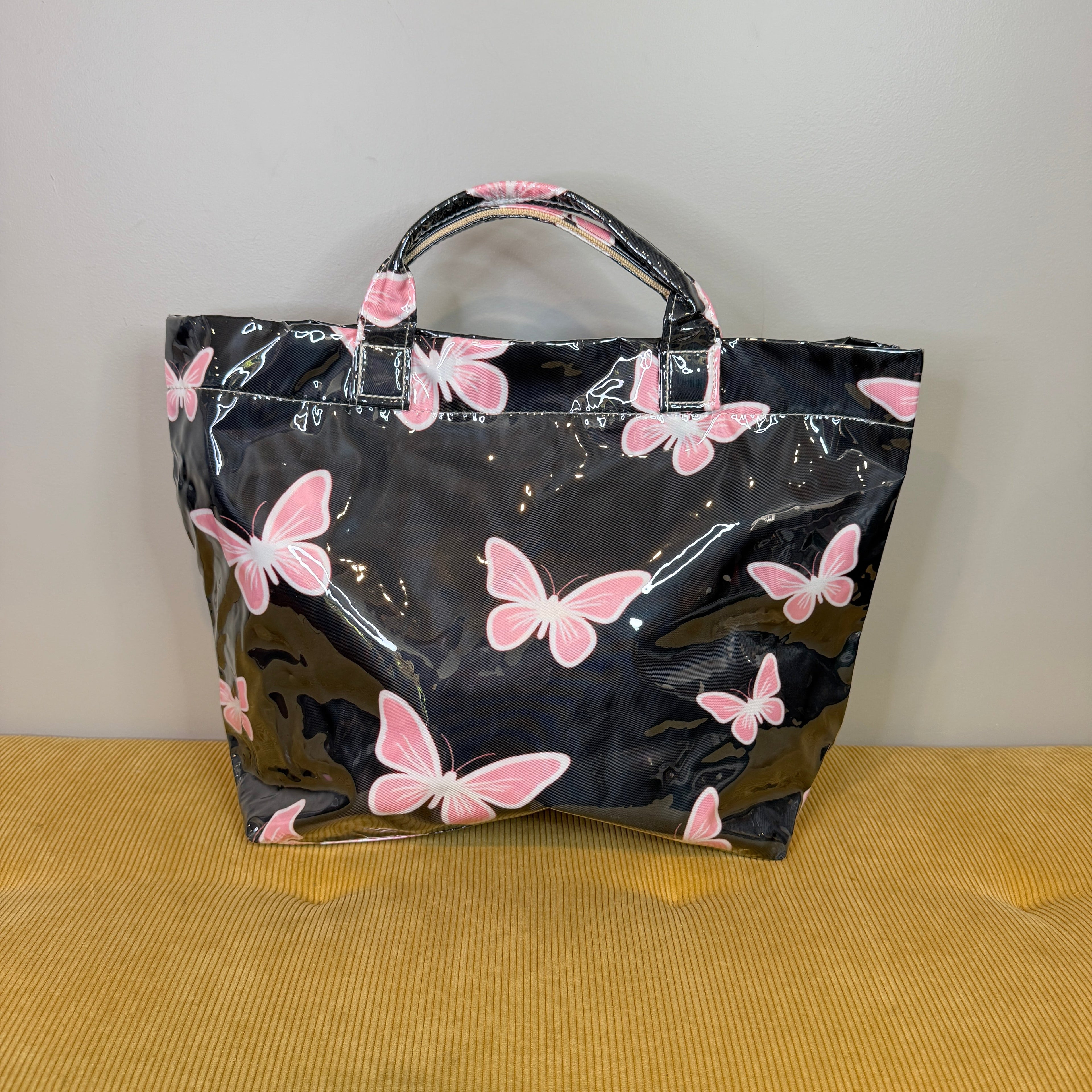 April Vinyl Tote Bag - Black + Pink Butterfly